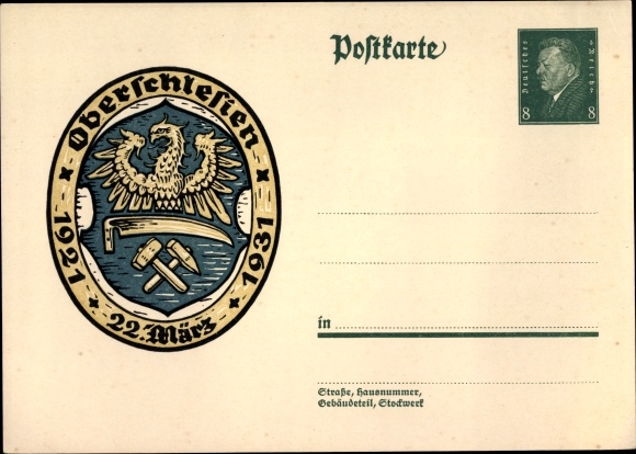 Postal stationery PC Oberschlesien, March 22, 1921 to 1931, coat of arms, 8 Pfennig