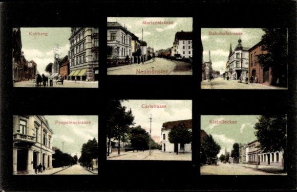 Ak Neumünster in Holstein, Bahnhofstraße, Kleinflecken, Kuhberg, Propstenstraße, Carlstraße