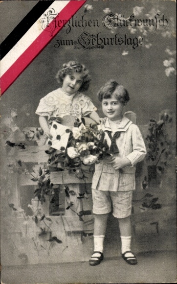 Ak Glückwunsch Geburtstag, Kinder, Blumen, Fahne