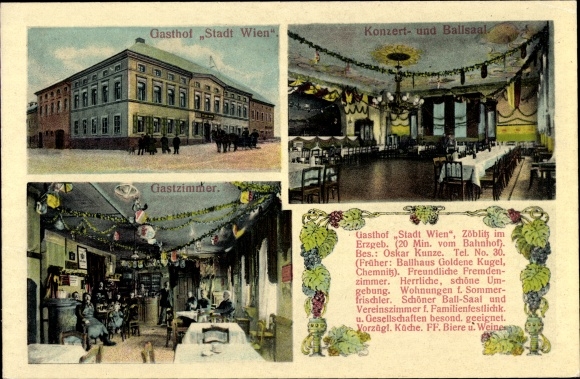 Postcard Zöblitz Marienberg in the Ore Mountains, Gasthof Stadt Wien, concert and ballroom, guest room