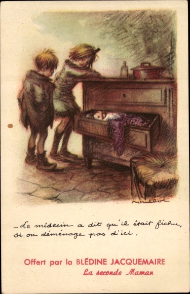Artist Postcard Poulbot, Franciscque, Baby im Schubkasten, The doctor said he was done for