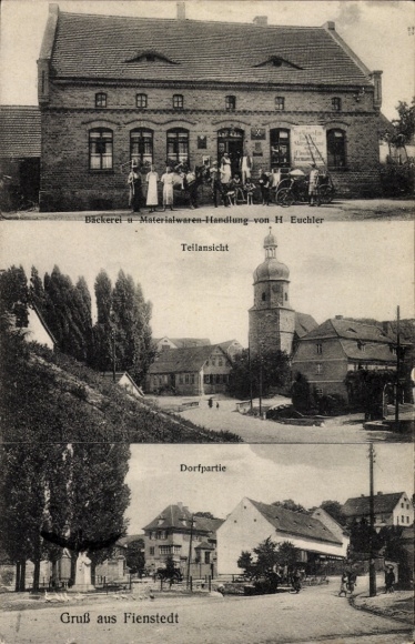 Ak Fienstedt Salzatal, Bäckerei und Geschäft, Teilansicht, Dorfplatz