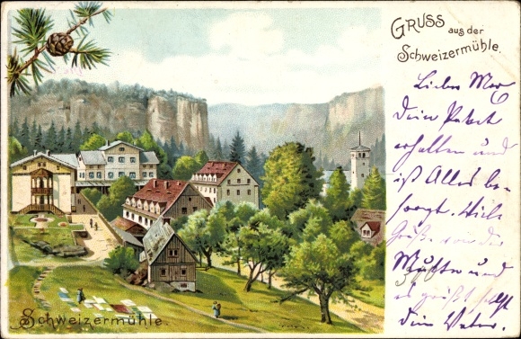 Litho Rosenthal Bielatal Saksisch Zwitserland, groeten uit de Schweizermühle