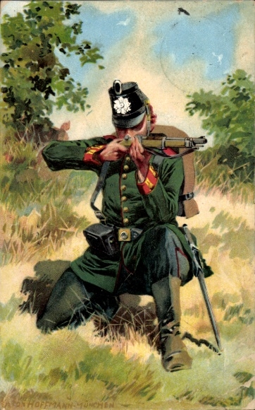 Kunstenaar litho Hoffmann, A., Duitse soldaat, wachtjager, munitiegordel, geweer, Empire
