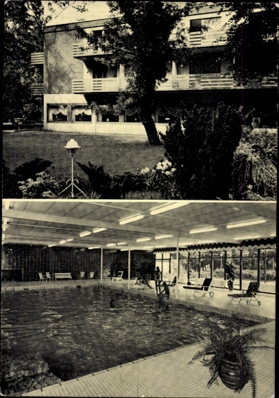 Postcard Wesel on the Lower Rhine, Park Restaurant and Waldhotel Tannenhäuschen, swimming pool