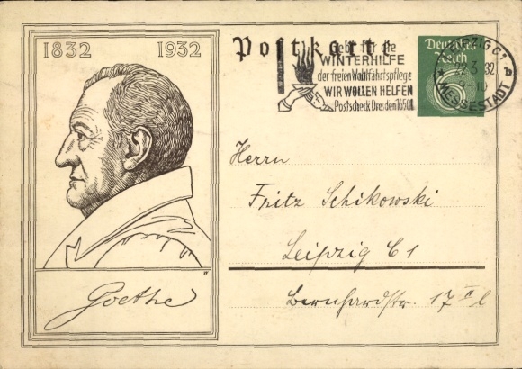 Postwaardestukken-ansichtkaartenschrijver Johann Wolfgang von Goethe, 1932, 100-jarig jubileum