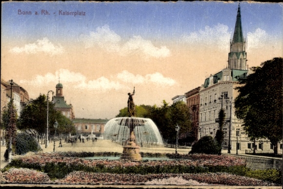 Postcard Bonn am Rhein, Bonn a Rh., Kaiserplatz, fountain, statue, trees, flowerbed