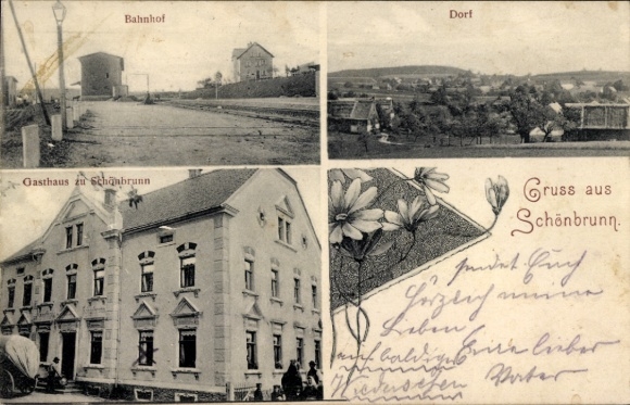 Ak Schönbrunn Bischofswerda in Sachsen, Bahnhof, Dorf, Gasthaus