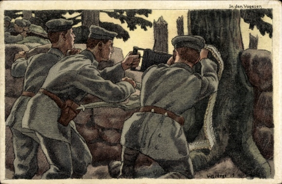 Artist PC Georgi, W., Vosges, trenches, MG, Bahlsens biscuit factory, advertisement