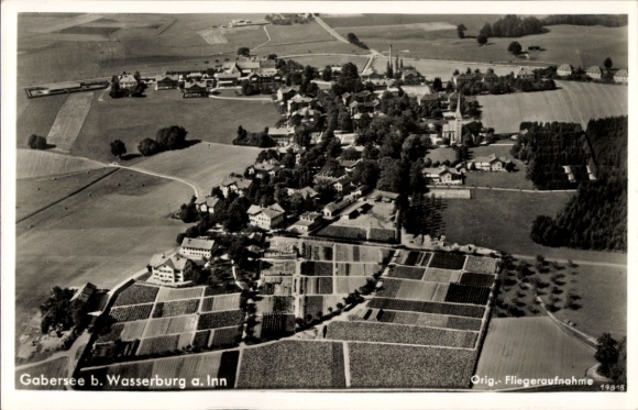 Postcard Wasserburg am Inn, Upper Bavaria, shows a black and white aerial photograph of Gabersee near Wasserburg a...