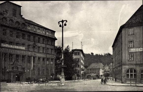 Ak Sonneberg in Thüringen, Stadtansicht, SVK und Postamt, alte Gebäude, 