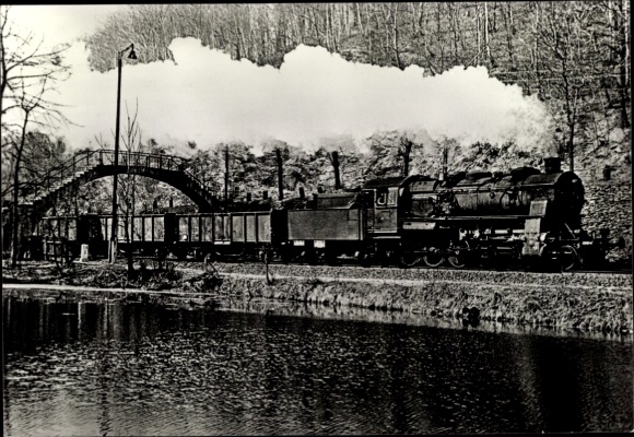 Postcard Hartenstein in the Ore Mountains of Saxony, steam locomotive class 58, freight train, bridge, water, A...