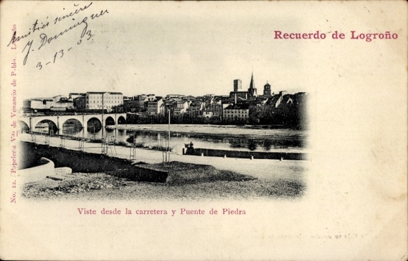 Ak Logroño La Rioja España, Viste desde la carretera y Puente de Piedra