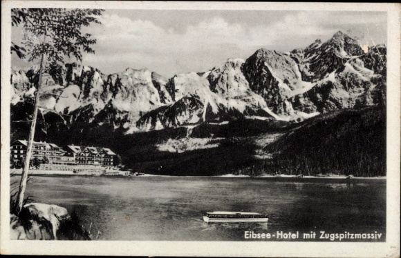Postcard Grainau in Upper Bavaria, Eibsee, Eibsee Hotel, Zugspitze massif