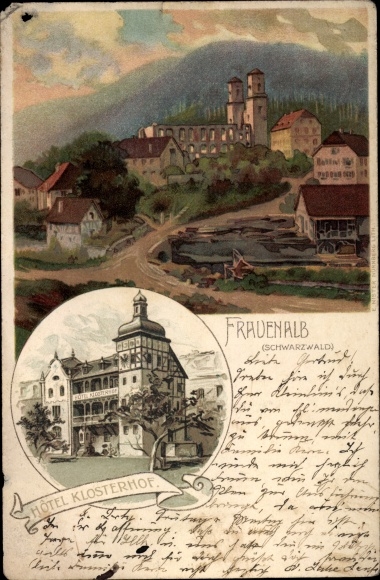 Artist Chromo-Litho mother, K., Frauenalb Marxzell Black Forest, Hotel Klosterhof, monastery ruins