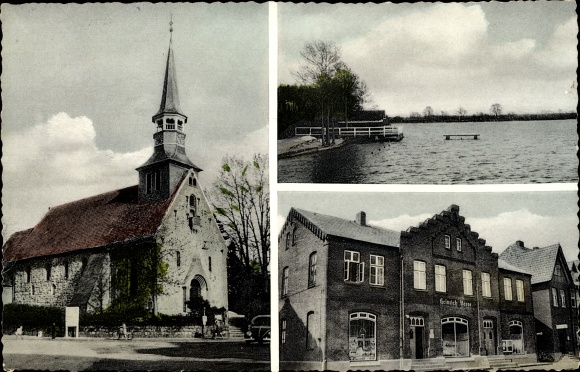 Ak Schenefeld in Holstein, Kirche, Gasthof, Geschäft, Seesteg