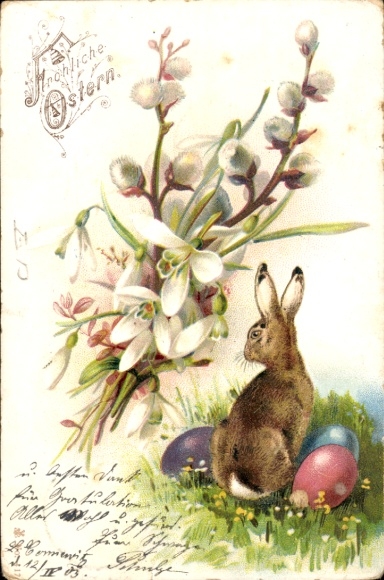 Ak Fröhliche Ostern, Osterhase und Weidenkätzchen