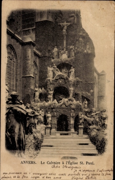 Ansichtkaart Antwerpen Vlaanderen, Calvaire à l'Église St. Paul, Antwerpen, standbeeld, kruisiging,