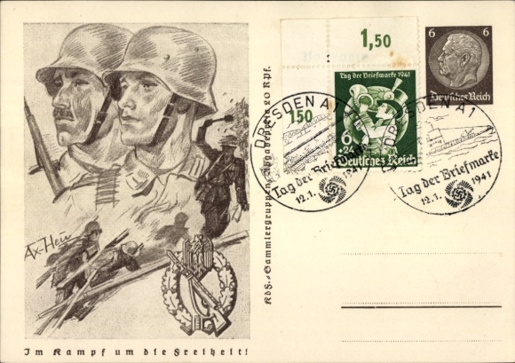 Postal stationery artist Postcard v. Axster Heudtlaß, W., In the fight for freedom, Wehrmacht, hand grenade