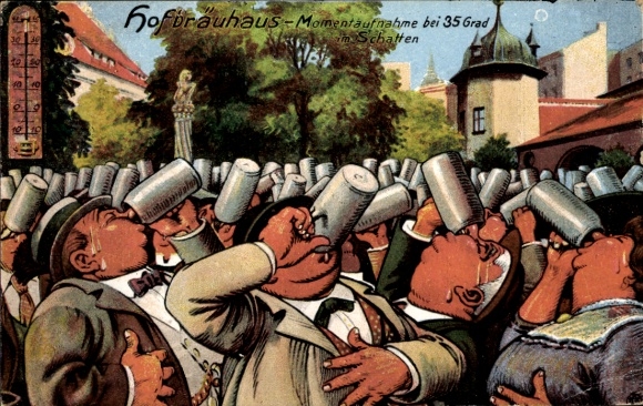 KP artystyczna Monachium, Bawaria, Hofbräuhaus przy 35 stopniach, pijący piwo, termometr
