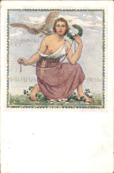 Artist Postcard Wachsman, B., Praha Prag, Vsesokolsky Slet 1926, woman with victory wreath, breasts, eagle