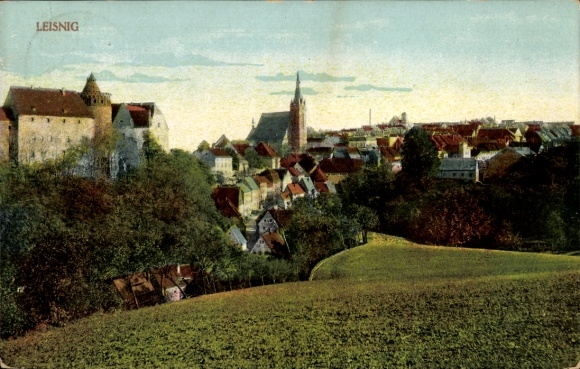 Ak Leisnig an der Freiberger Mulde Sachsen, Stadtpanorama, Glockenturm