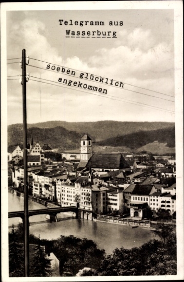 Postcard Wasserburg am Inn Upper Bavaria, telegram, just arrived safely, city view