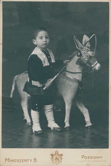 Cabinet photo Mindszenty B. Pozsony Pressburg Bratislava Slovakia, boy with toy donkey, portrait