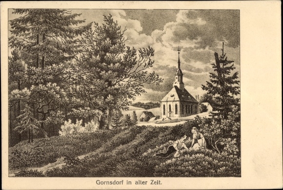 Künstler Ak Gornsdorf im Erzgebirge, in alter Zeit, Kirche