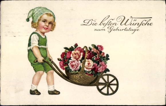 Postcard Congratulations Birthday, Child, Wheelbarrow, Roses