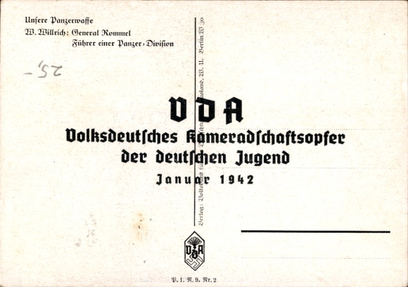 Artist Postcard Willrich, Wolfgang, Major General Rommel, Knight's Cross recipient, Panzer Division, VDA