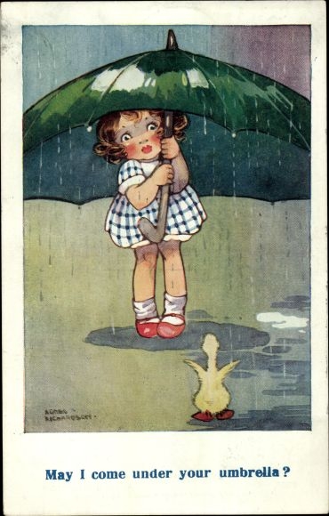 Artist Postcard Richardson, Agnes, Girl and Ducklings in the Rain, Umbrella