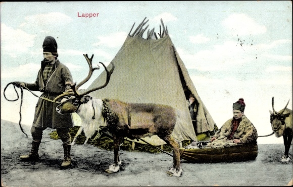 PC Norway, Laplanders with reindeer, sleigh, tent