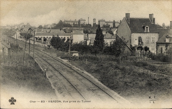 Postcard Vierzon Cher, railway tracks, landscape, buildings, tunnel view