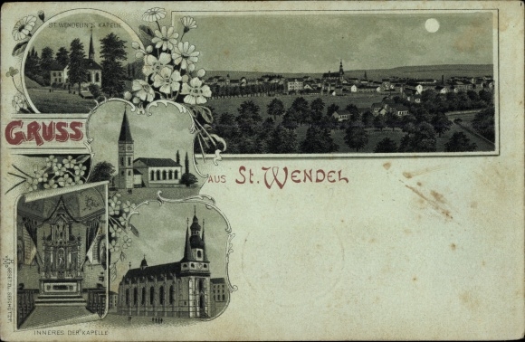 Moonlight Chromo-Litho Sankt Wendel in Saarland. St. Wendelin&#39;s Chapel, Church, Panorama
