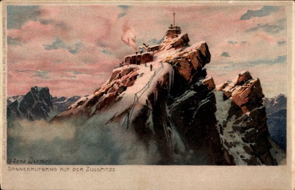 Ak Zugspitze, Sonnenaufgang auf der  Berggipfel, Gebirge, Malerei