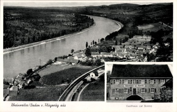 Postcard Rheinweiler in Baden, aerial photograph, Gasthaus zur Sonne