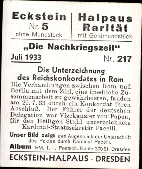 Collector's picture The post-war period No. 217 July 1933 Reich Concordat, Cardinal Pacelli, von Papen