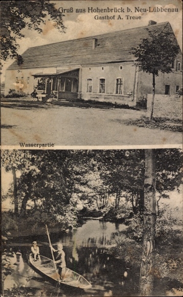 Postcard Hohenbrück in the Spreewald, Gasthof A. Treue, Spreewald barge on a canal