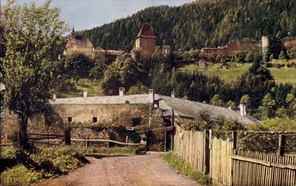 Postcard Friesach in Carinthia, landscape with ruins, Petersberg, Gurktal Alps, road, trees