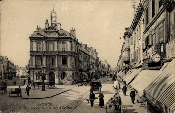 Postcard Saumur Maine et Loire, Hotel des Postes, Rue d'Orleans, shops