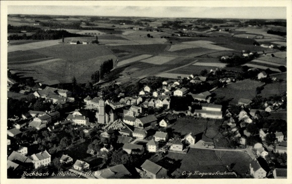 Postcard Buchbach in Upper Bavaria, aerial view of rural surroundings, houses, church