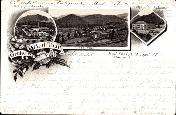 Forerunner Chromo-Litho Thal Ruhla in the Wartburg district of Thuringia, locality, Hotel Kurhaus and Luisenbad