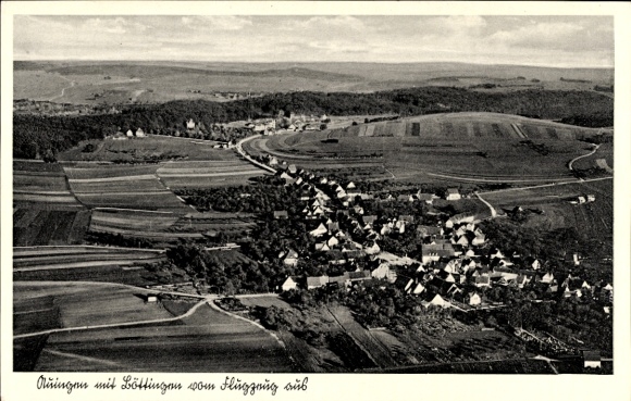 Ak Auingen Münsingen, Fliegeraufnahme, Löttingen, Wohnsiedlung, Felder