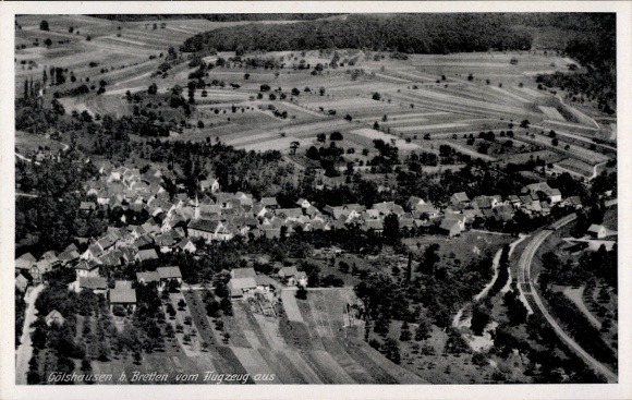 Postcard Gölshausen Bretten in Baden, aerial view of the village of Golshausen, surrounding fields, houses
