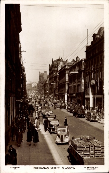 Postcard Glasgow Scotland, Buchanan Street, street section in the city, people walking, cars