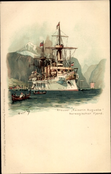 Kunstenaar litho Bohrdt, Hans, Duits oorlogsschip, kruiser Kaiserin Augusta, Noorse fjord