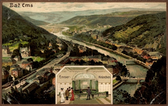 Artist Postcard Bad Ems on the Lahn, Emser Kränchen, total bird's eye view