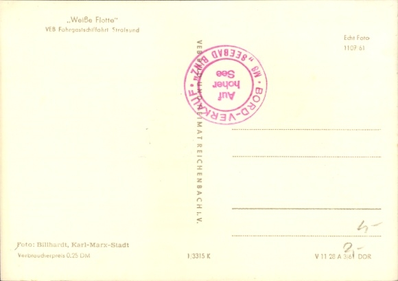 Postcard White Fleet Stralsund, VEB passenger ship Eldena, MS Heringsdorf
