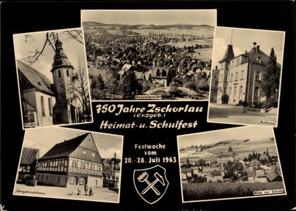 PC Zschorlau Erzgebirge, general view, town hall, school, church, half-timbered house